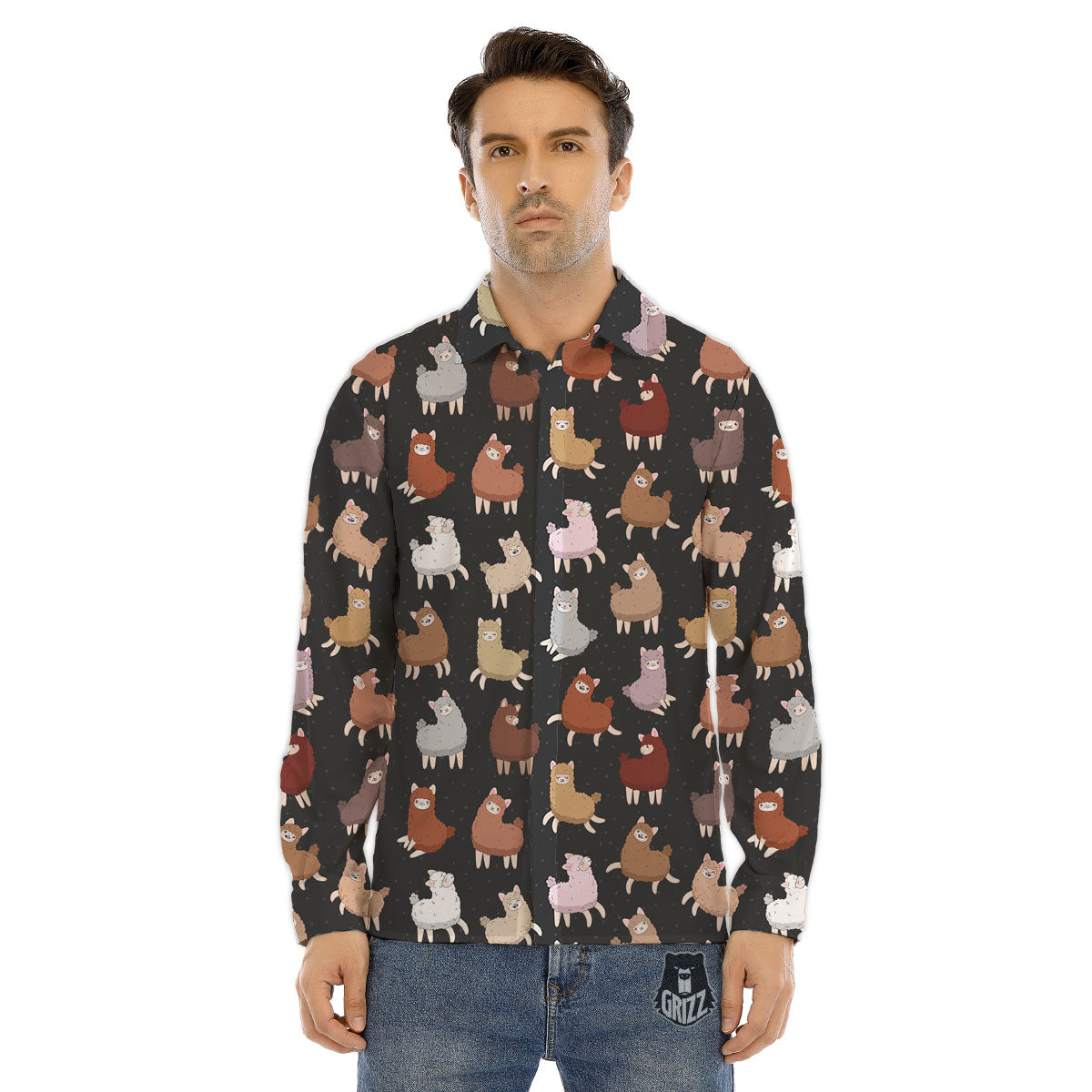 Happy Llama Print Pattern Men's Dress Shirts-grizzshop