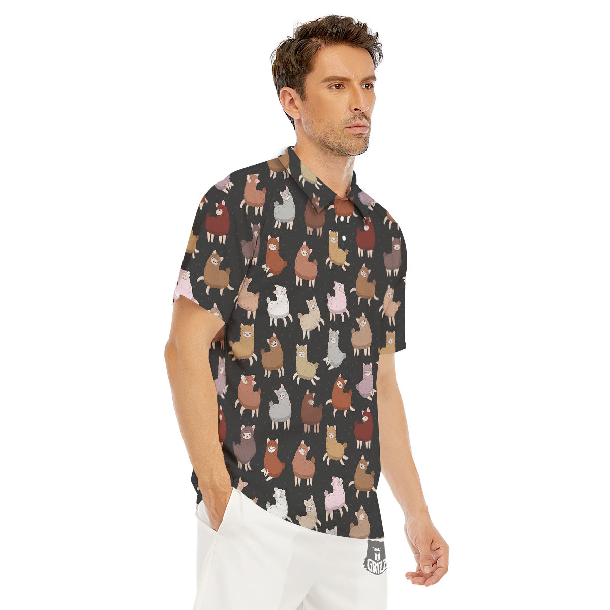 Happy Llama Print Pattern Men's Golf Shirts-grizzshop