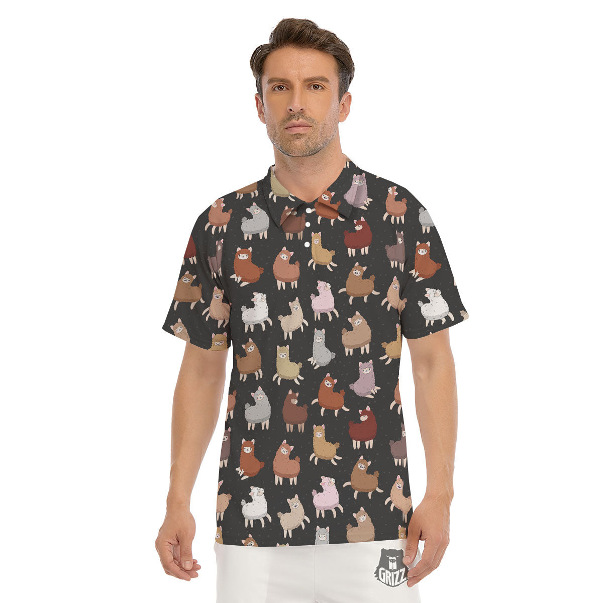 Happy Llama Print Pattern Men's Golf Shirts-grizzshop
