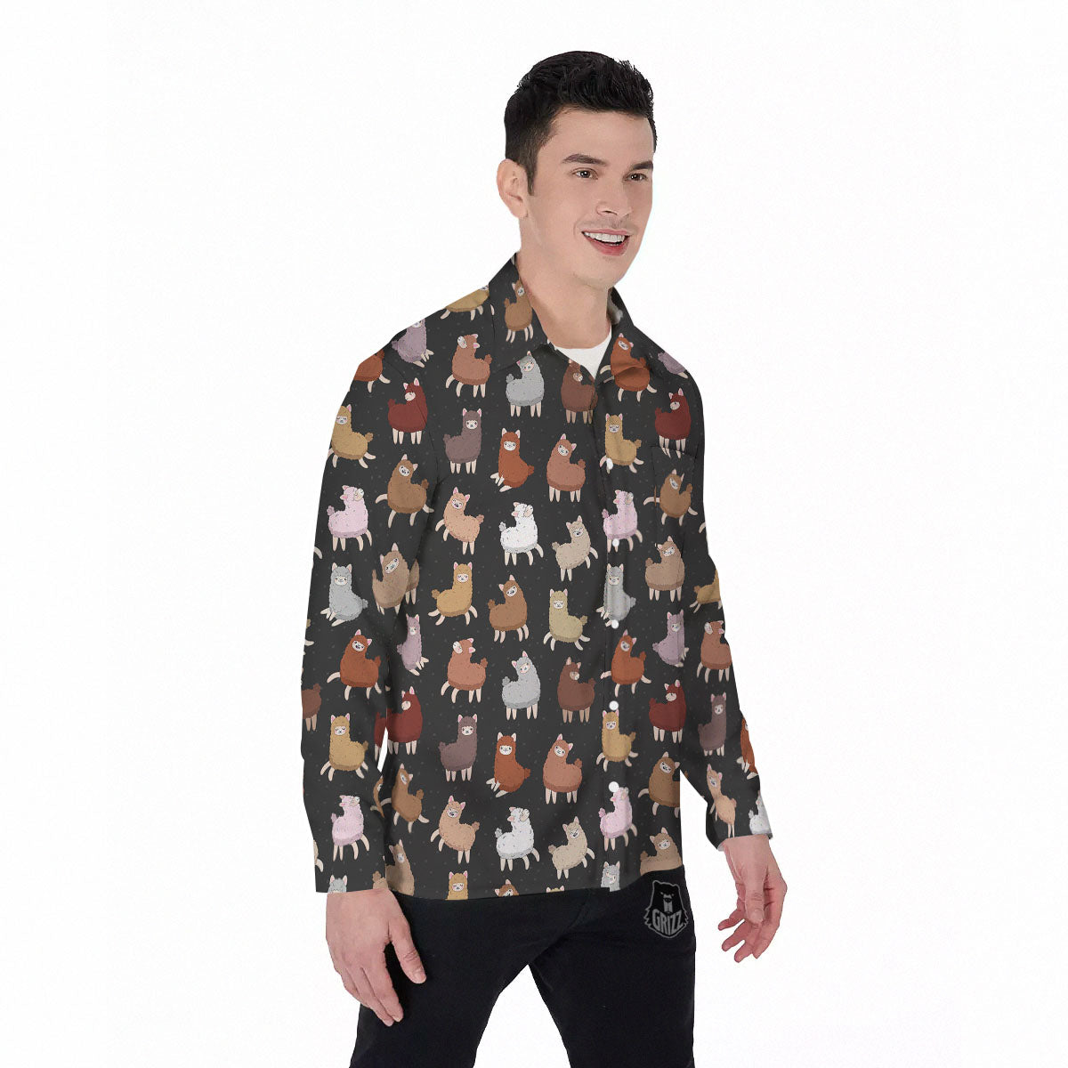 Happy Llama Print Pattern Men's Long Sleeve Shirts-grizzshop