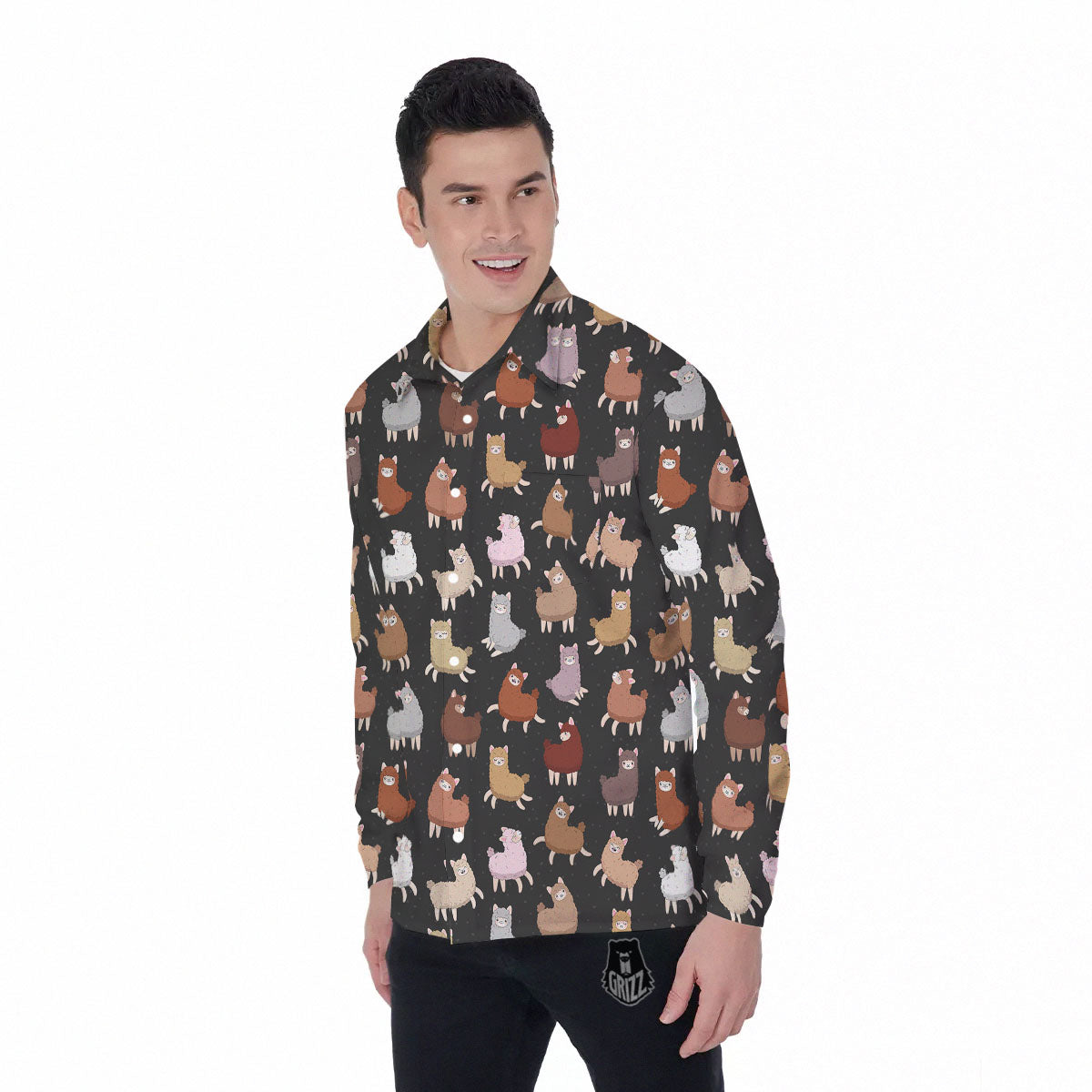 Happy Llama Print Pattern Men's Long Sleeve Shirts-grizzshop