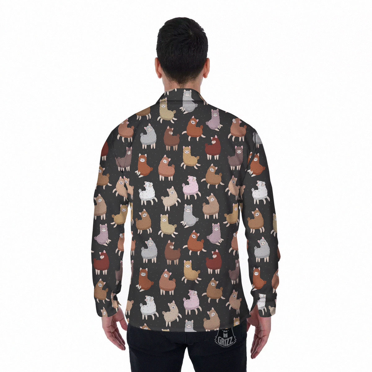 Happy Llama Print Pattern Men's Long Sleeve Shirts-grizzshop