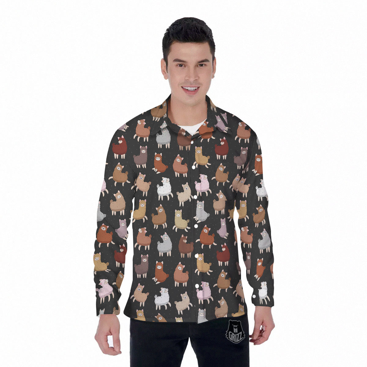 Happy Llama Print Pattern Men's Long Sleeve Shirts-grizzshop