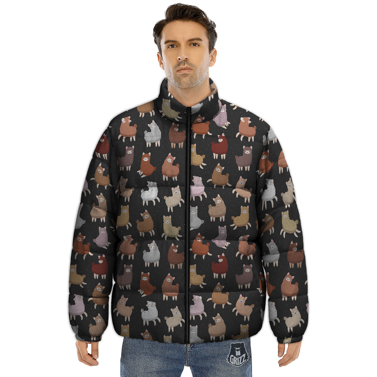 Happy Llama Print Pattern Puffer Jacket-grizzshop