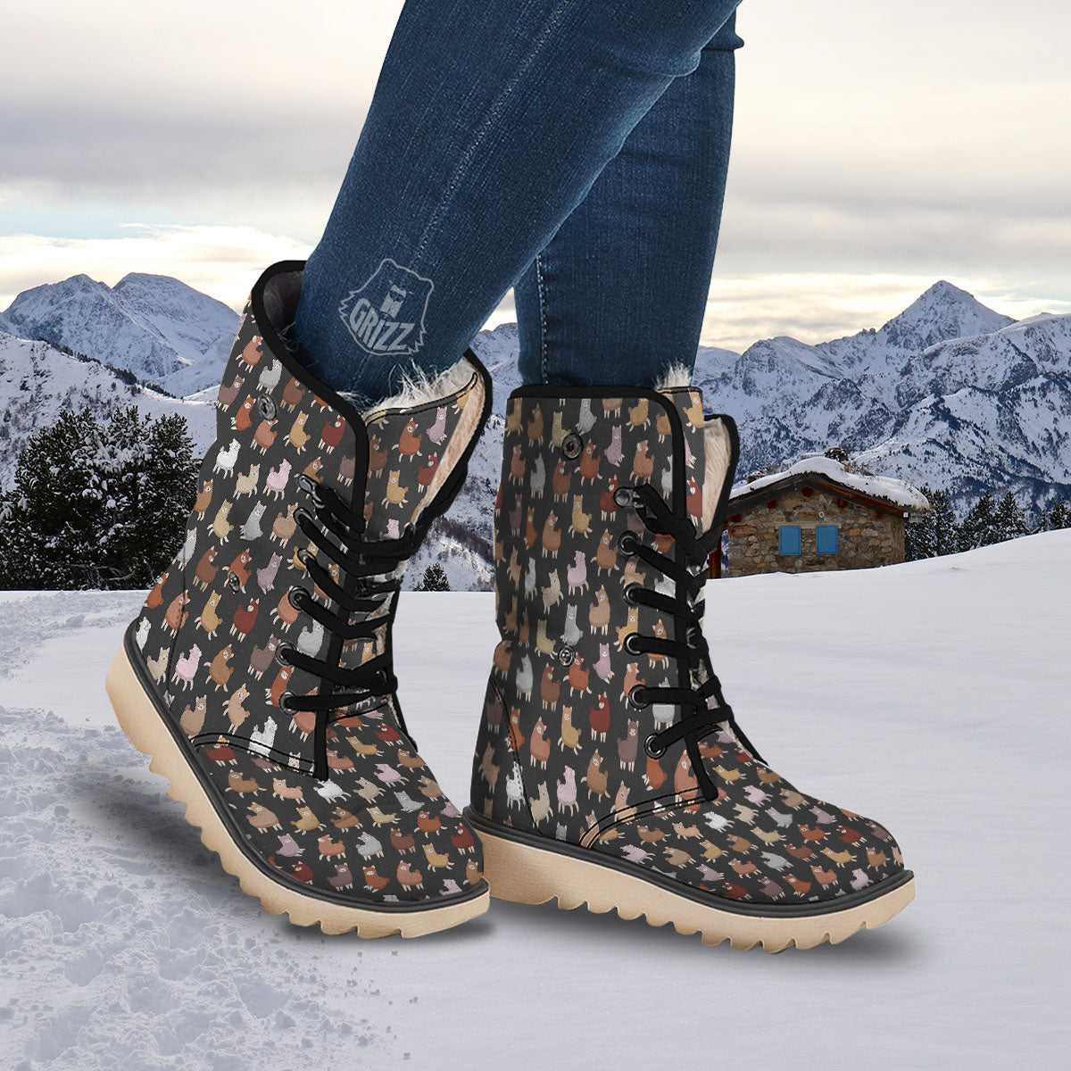 Happy Llama Print Pattern Snow Boots-grizzshop