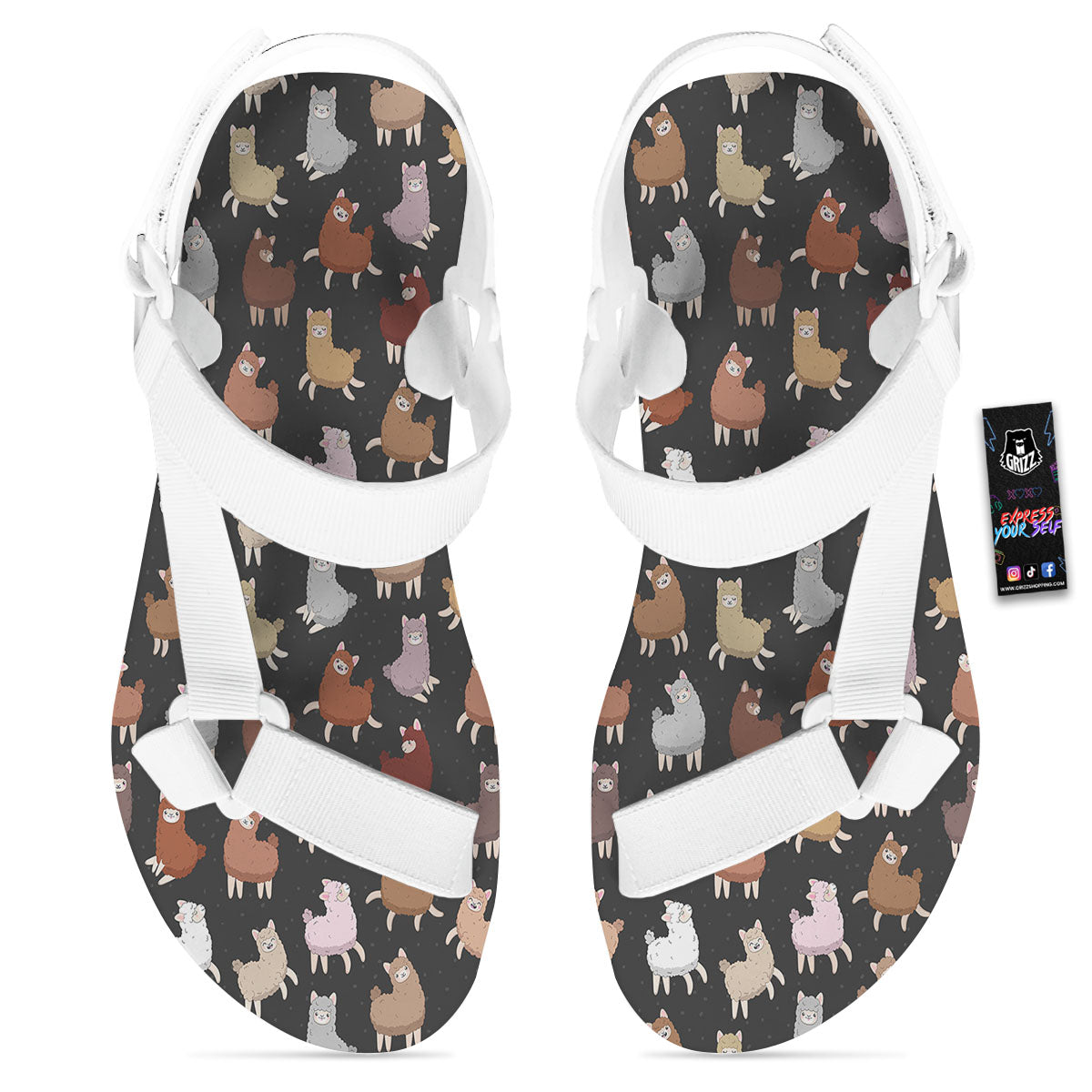 Happy Llama Print Pattern White Open Toe Sandals-grizzshop