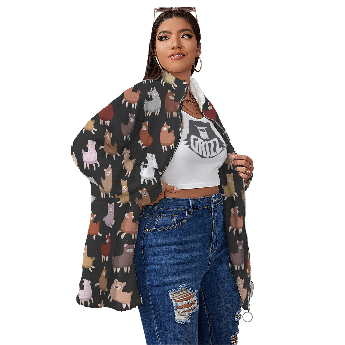 Happy Llama Print Pattern Women's Sherpa Jacket-grizzshop