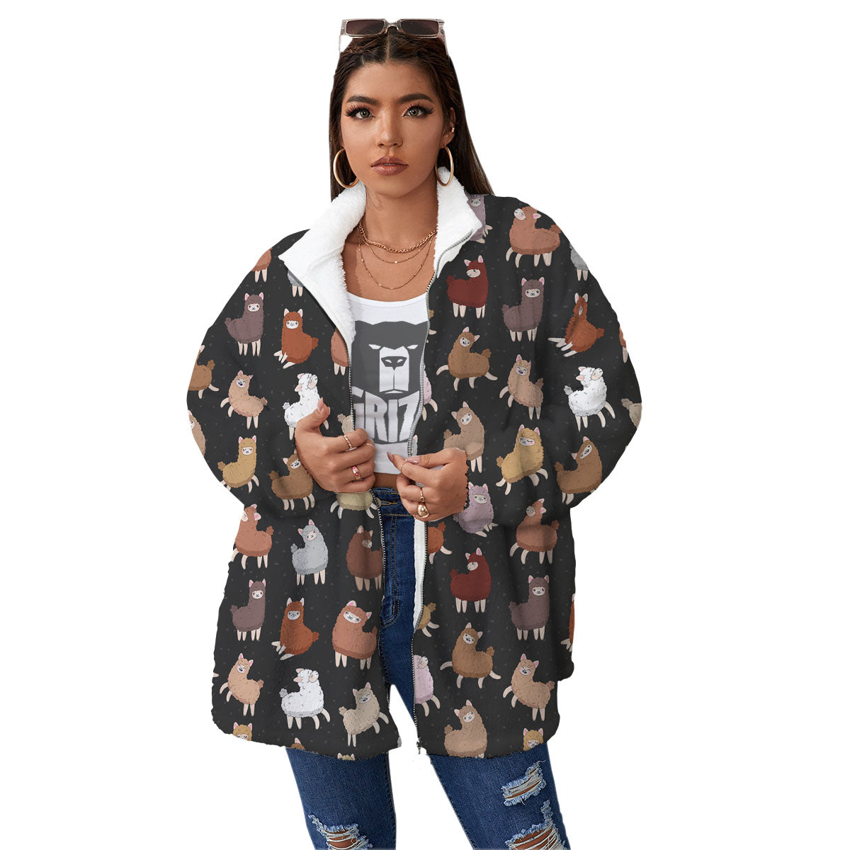 Happy Llama Print Pattern Women's Sherpa Jacket-grizzshop