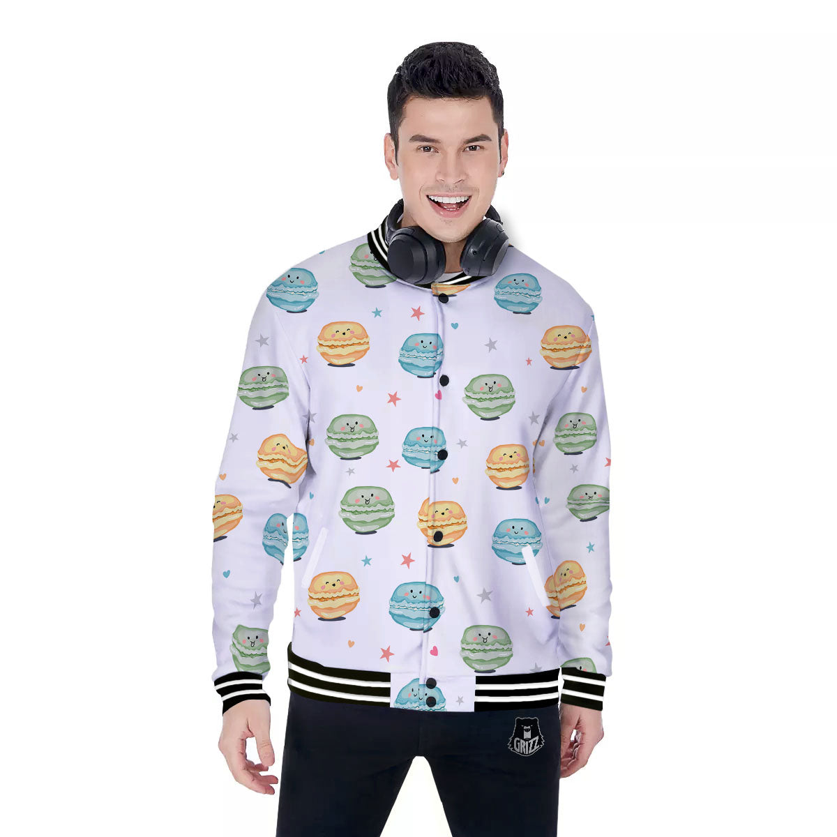 Happy Macarons Print Pattern Baseball Jacket-grizzshop
