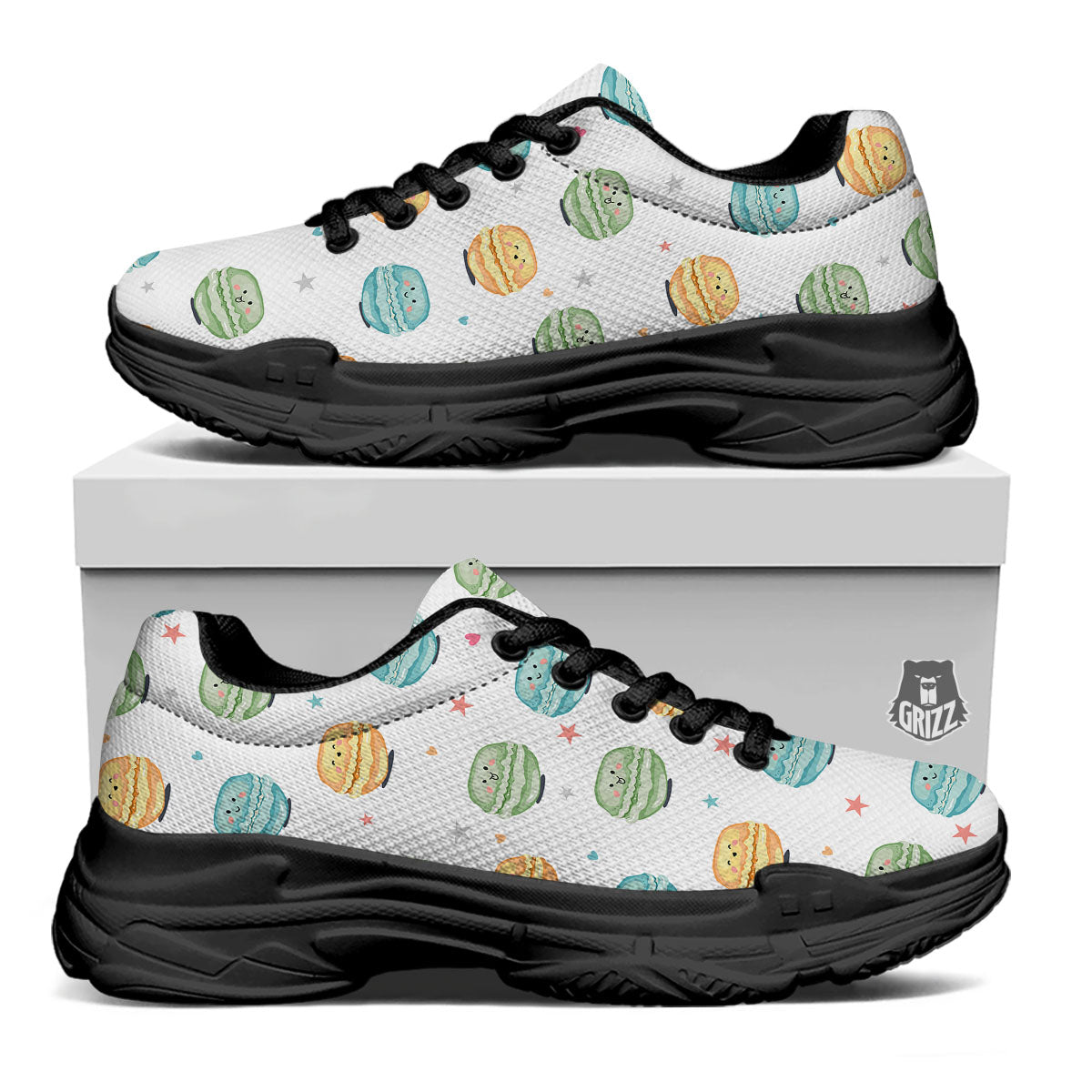 Happy Macarons Print Pattern Black Chunky Shoes-grizzshop