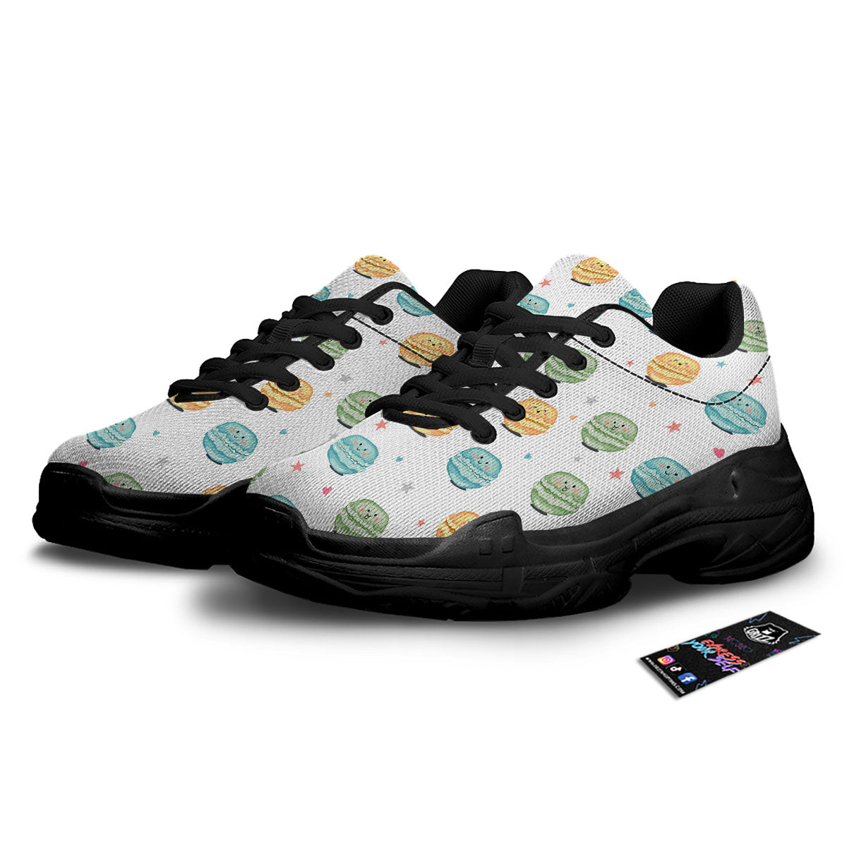 Happy Macarons Print Pattern Black Chunky Shoes-grizzshop
