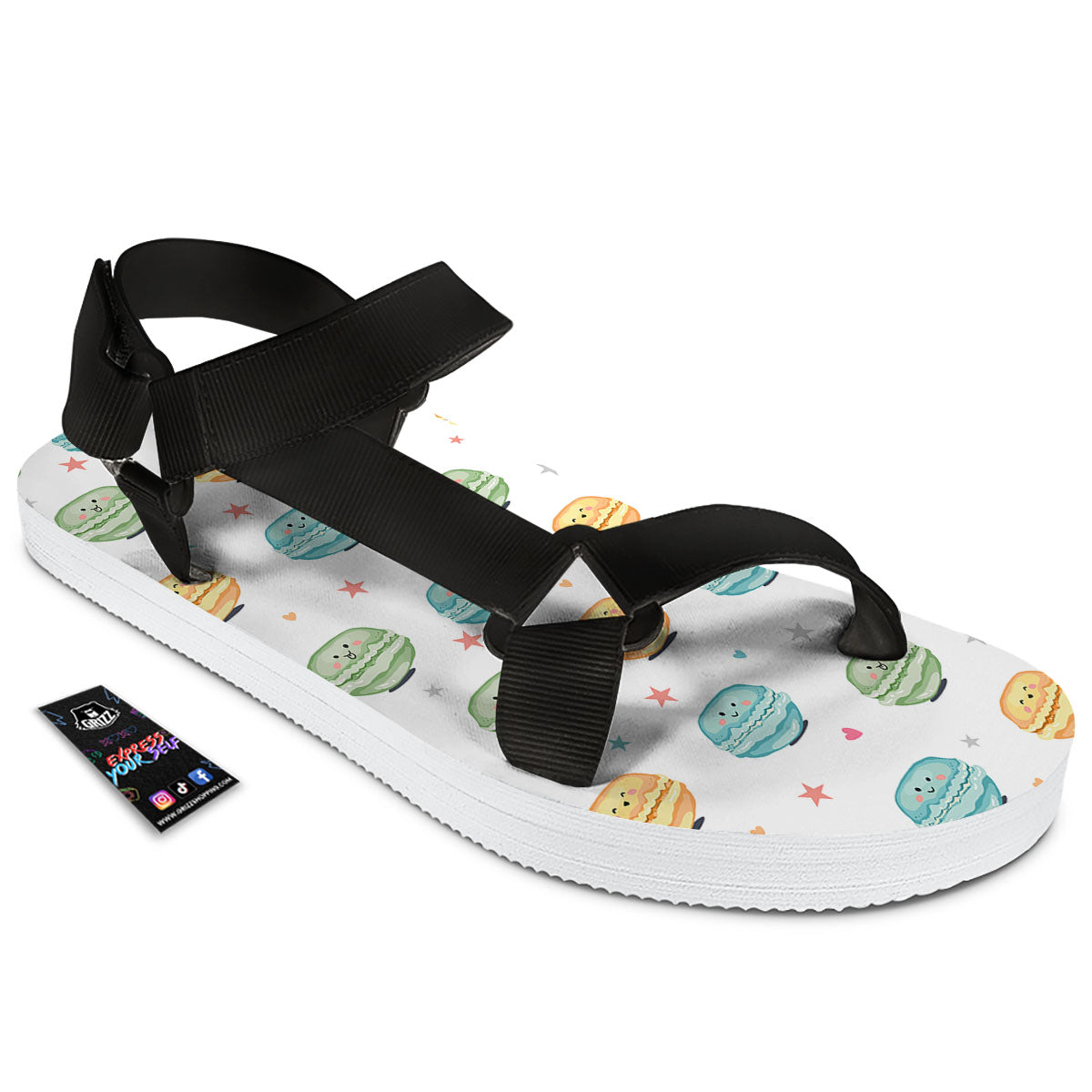 Happy Macarons Print Pattern Black Open Toe Sandals-grizzshop