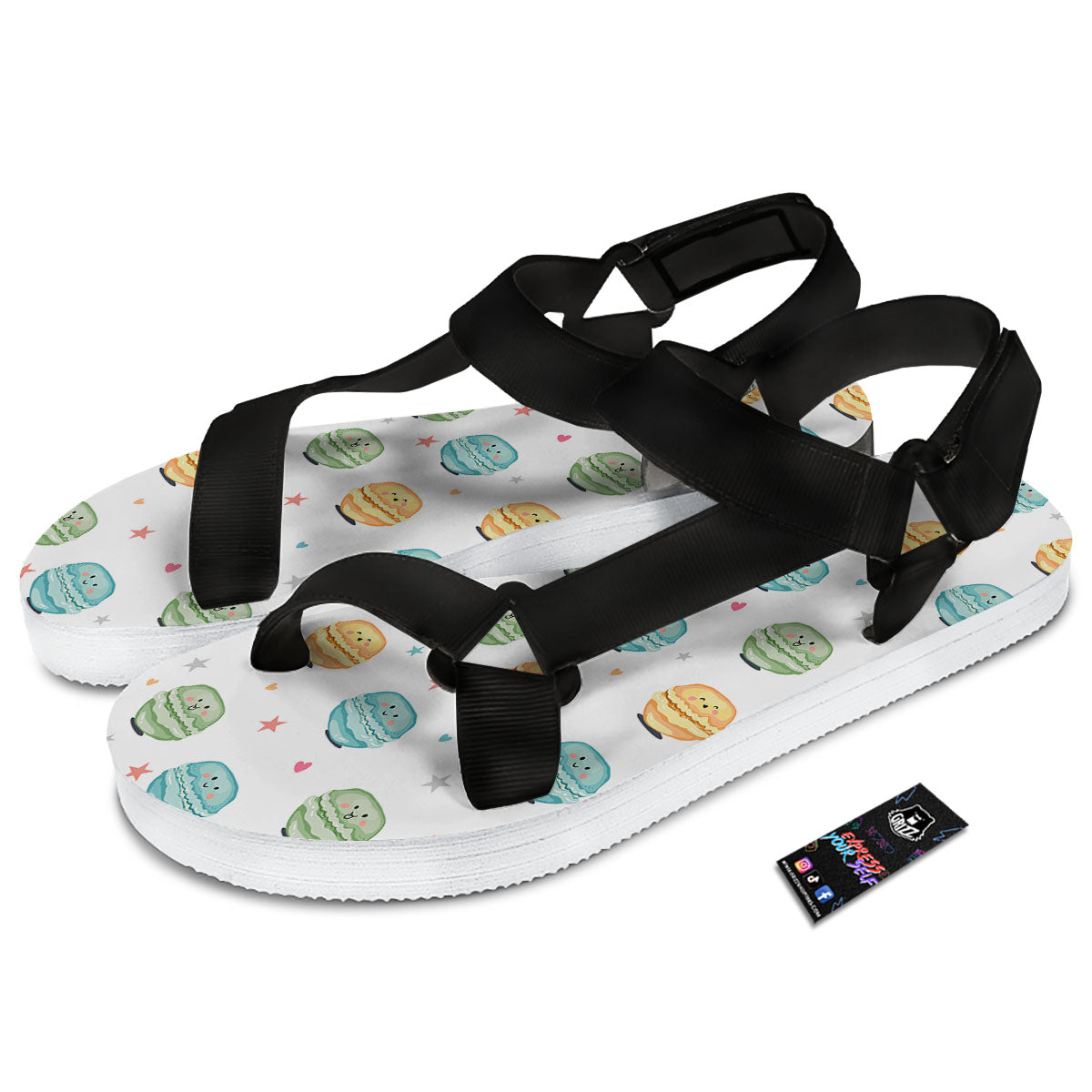 Happy Macarons Print Pattern Black Open Toe Sandals-grizzshop