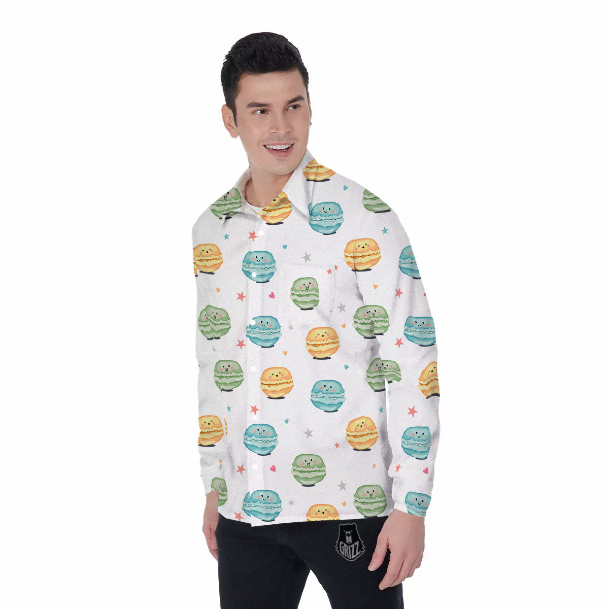 Happy Macarons Print Pattern Men's Long Sleeve Shirts-grizzshop
