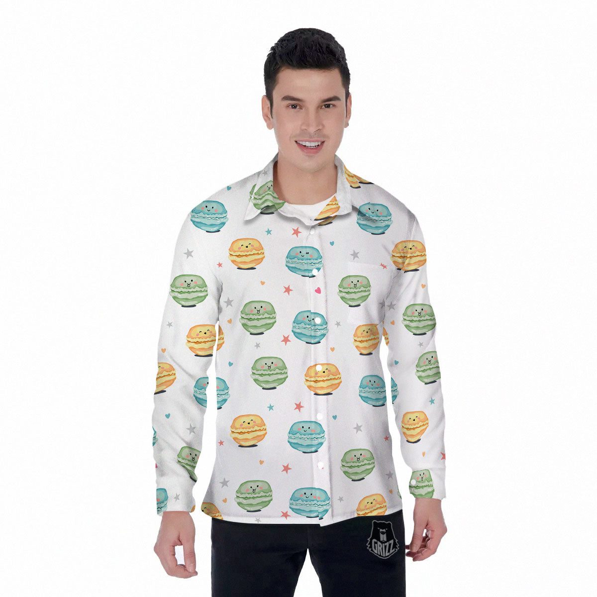 Happy Macarons Print Pattern Men's Long Sleeve Shirts-grizzshop