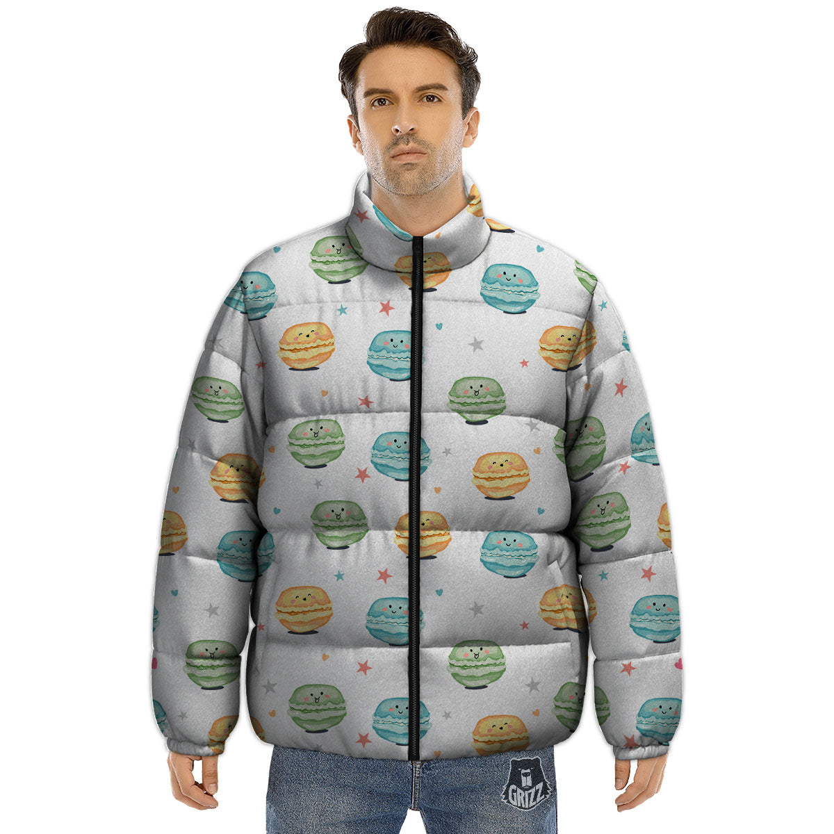 Happy Macarons Print Pattern Puffer Jacket-grizzshop