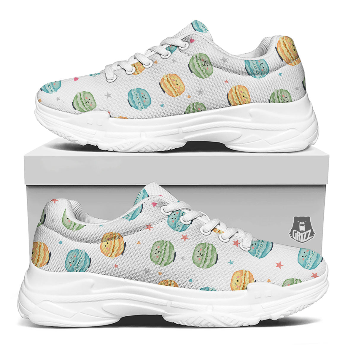 Happy Macarons Print Pattern White Chunky Shoes-grizzshop