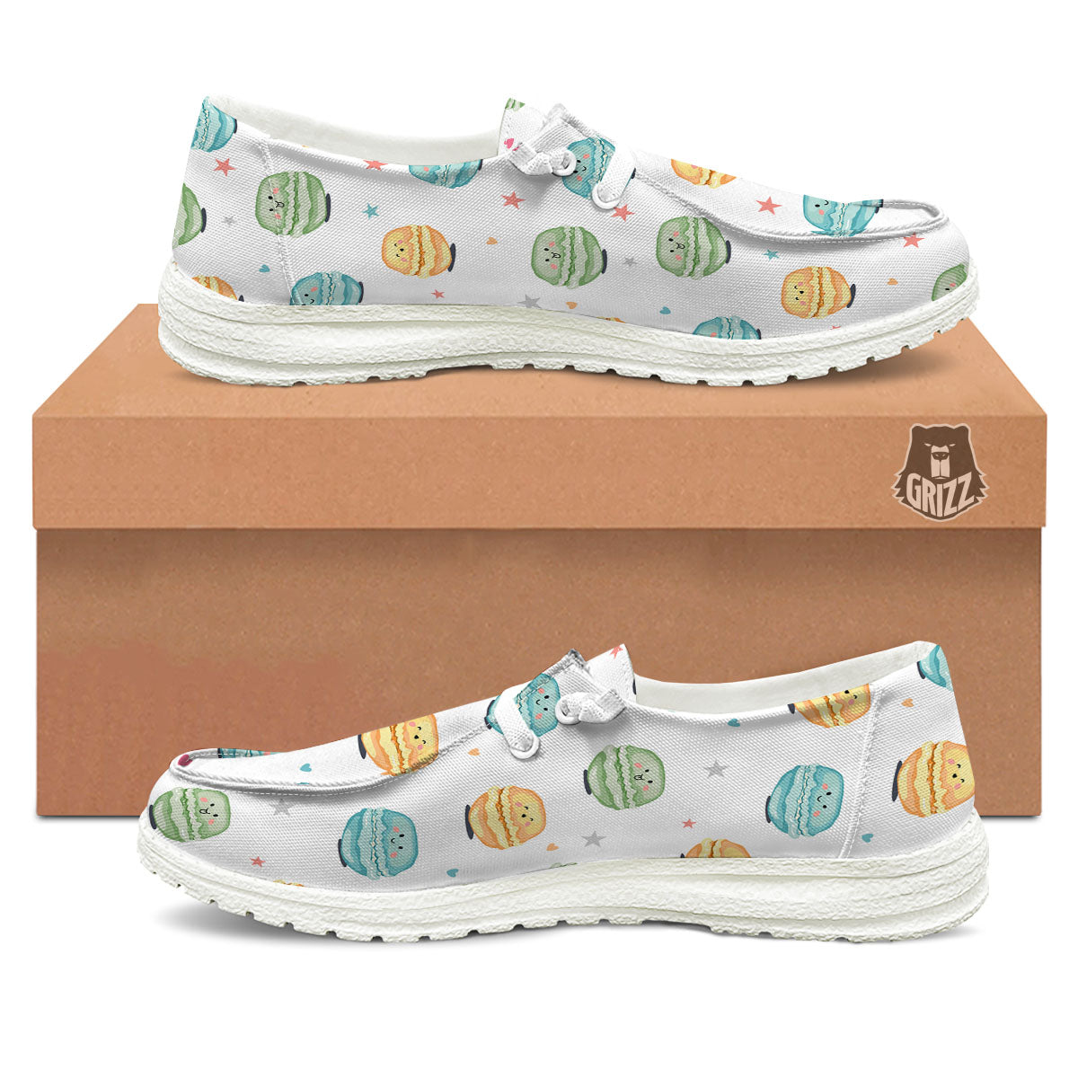 Happy Macarons Print Pattern White Loafers-grizzshop