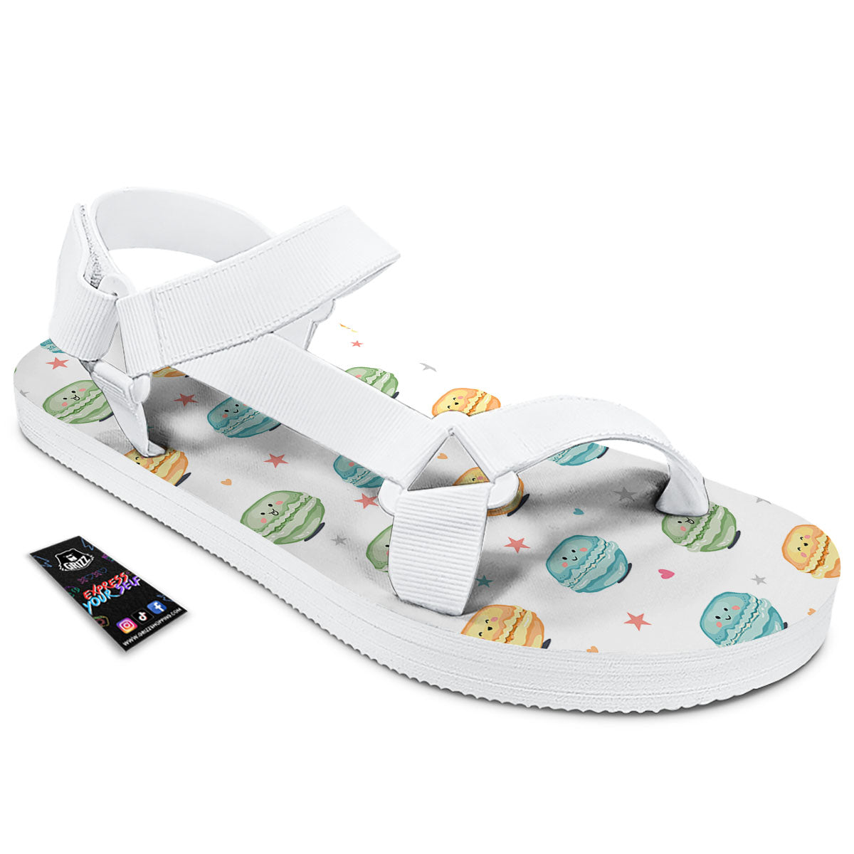 Happy Macarons Print Pattern White Open Toe Sandals-grizzshop