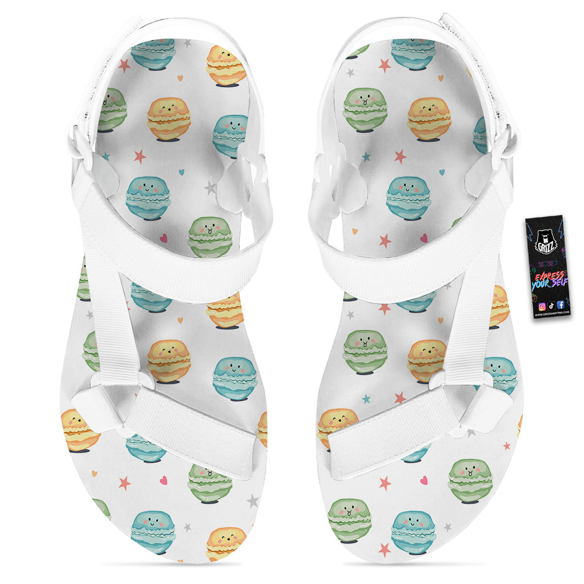 Happy Macarons Print Pattern White Open Toe Sandals-grizzshop