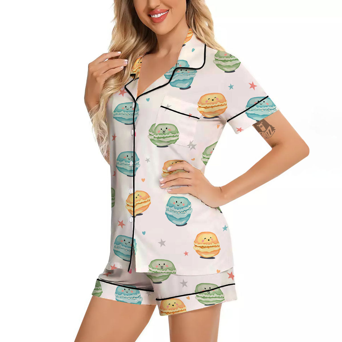 Happy Macarons Print Pattern Women Silk Pajamas-grizzshop