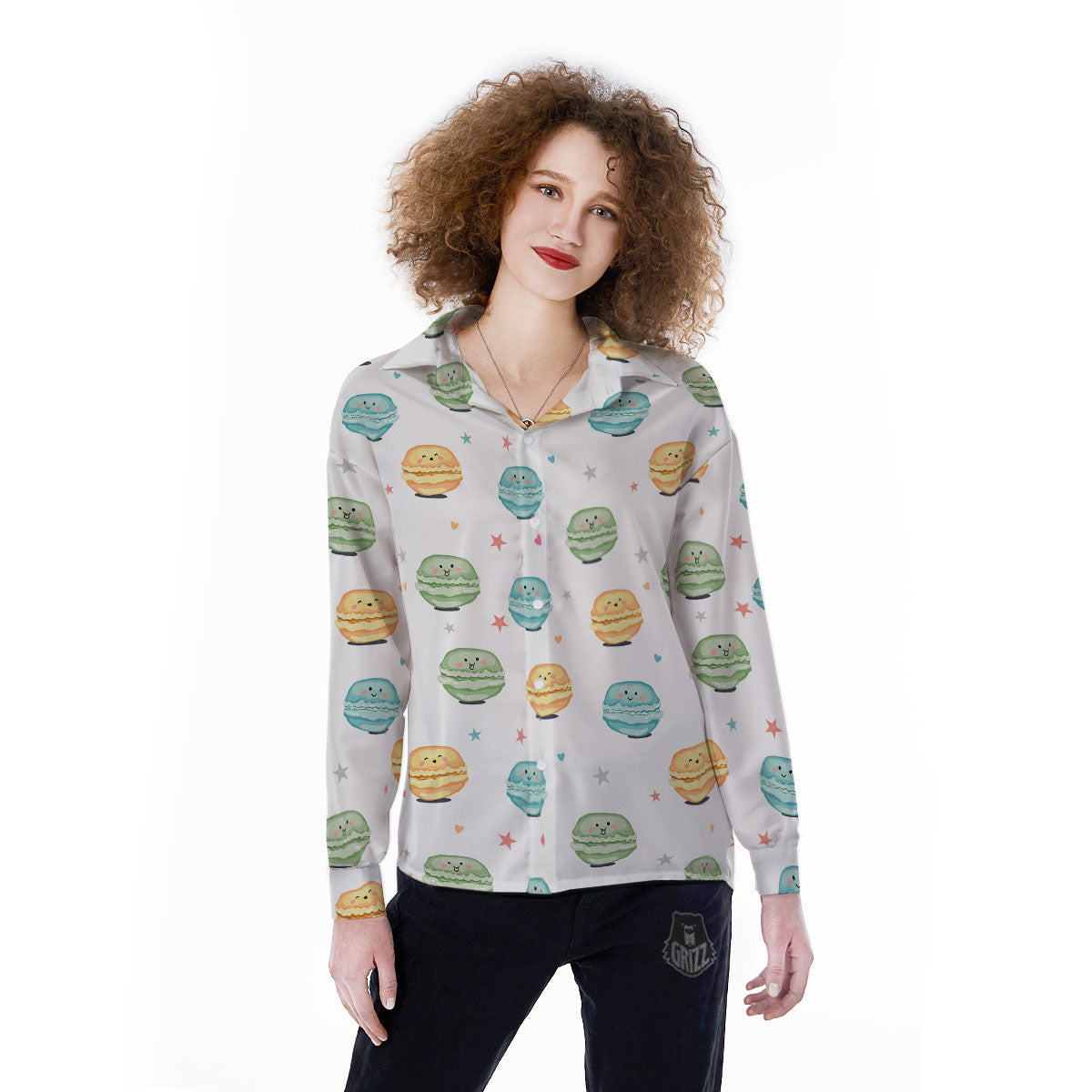 Happy Macarons Print Pattern Women's Long Sleeve Shirts-grizzshop
