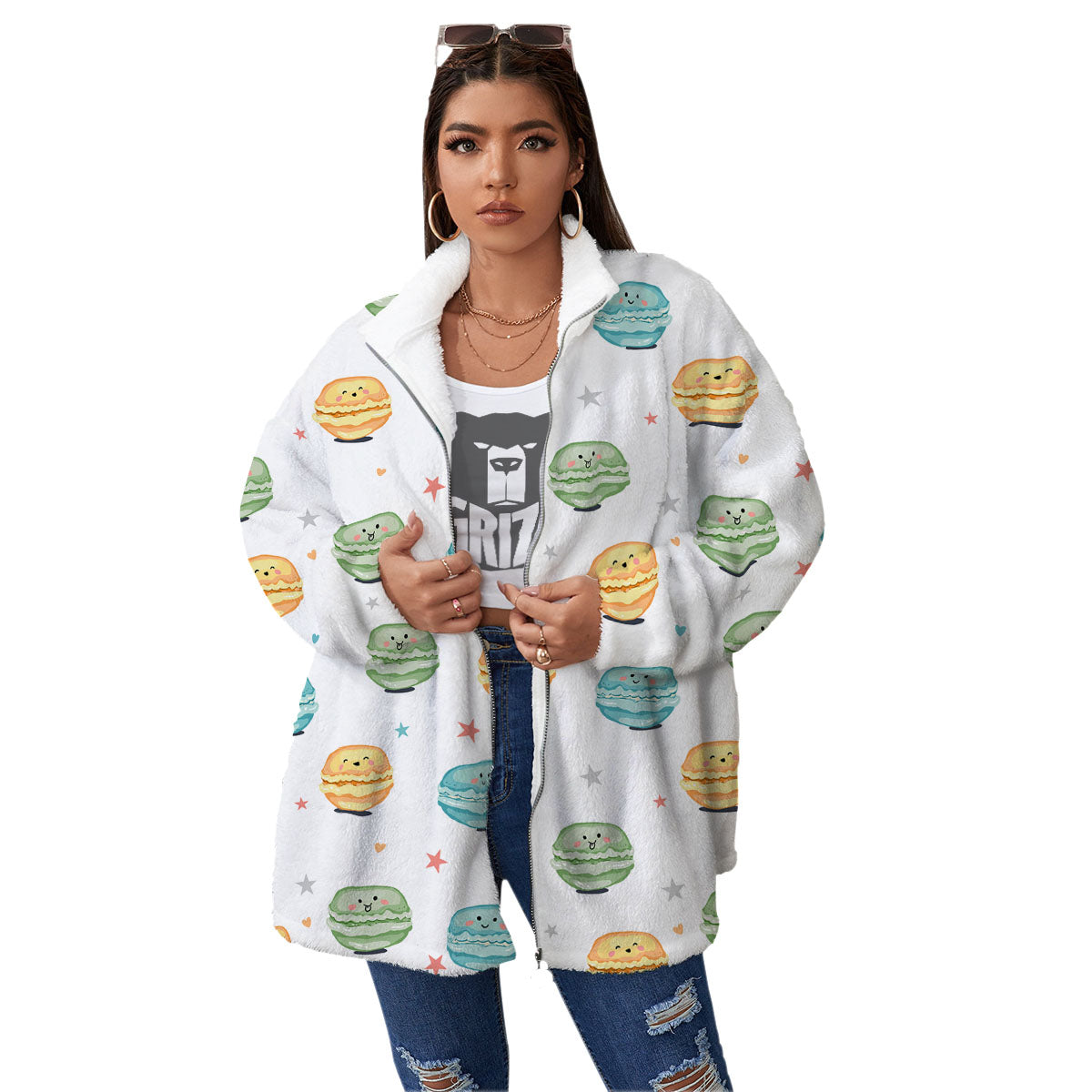 Happy Macarons Print Pattern Women's Sherpa Jacket-grizzshop
