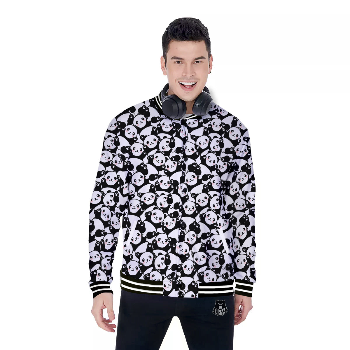 Happy Panda Cute Print Pattern Baseball Jacket-grizzshop