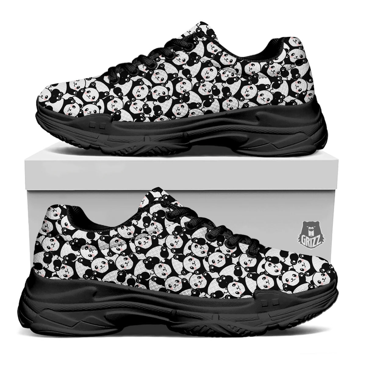 Happy Panda Cute Print Pattern Black Chunky Shoes-grizzshop