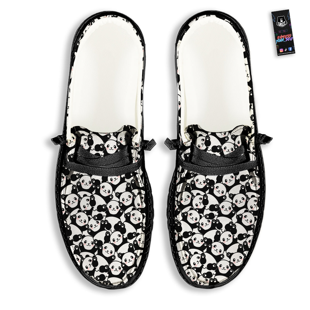 Happy Panda Cute Print Pattern Black Loafers-grizzshop