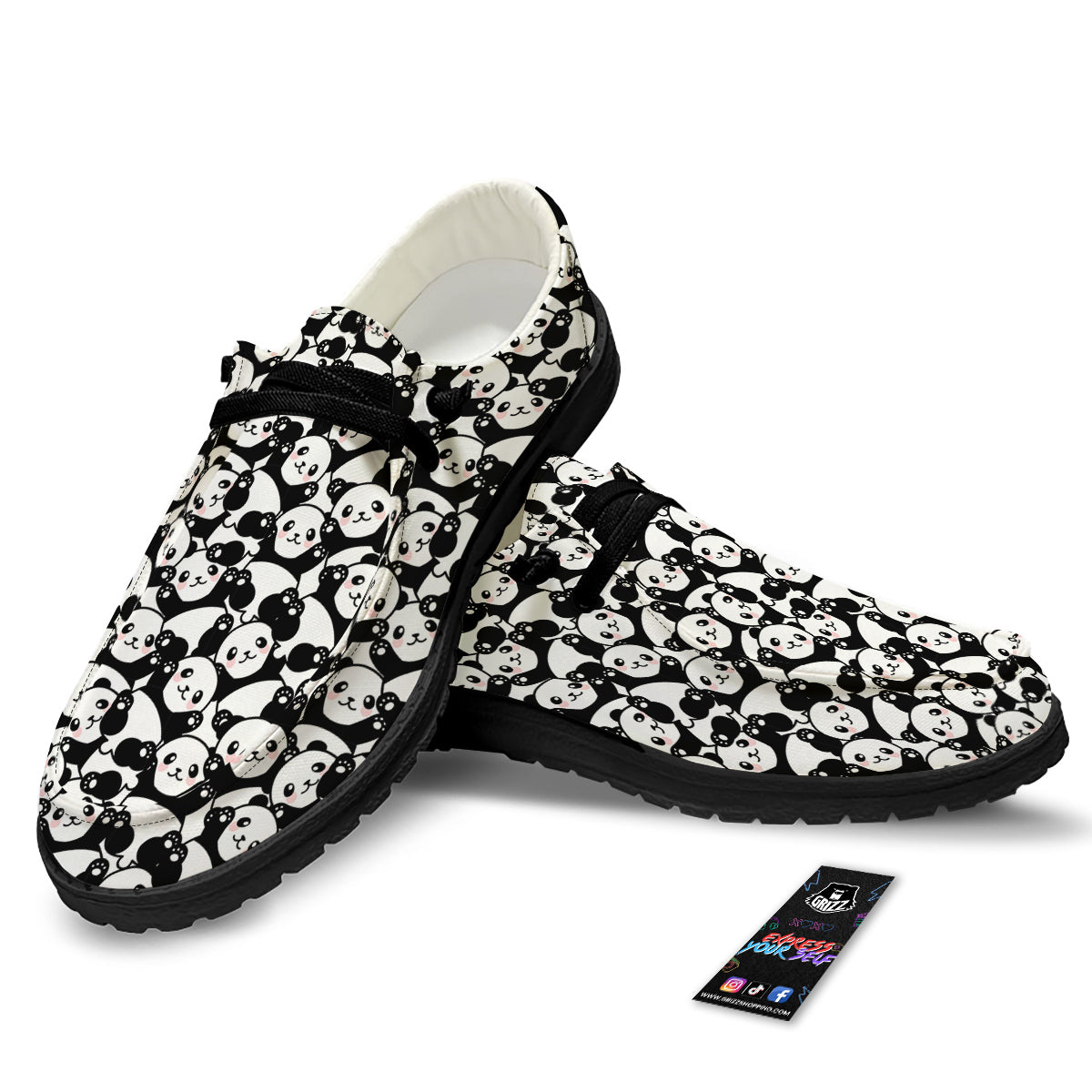 Happy Panda Cute Print Pattern Black Loafers-grizzshop