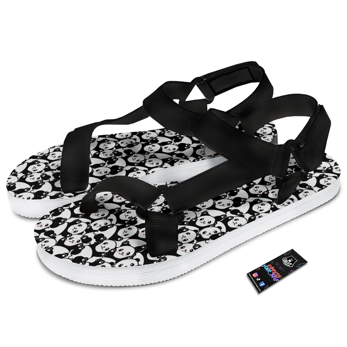 Happy Panda Cute Print Pattern Black Open Toe Sandals-grizzshop