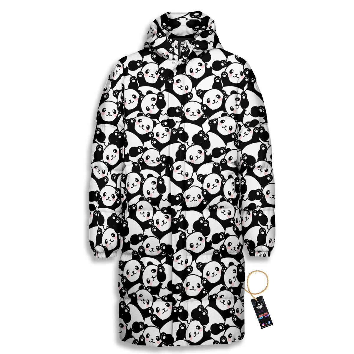 Happy Panda Cute Print Pattern Long Down Jacket-grizzshop