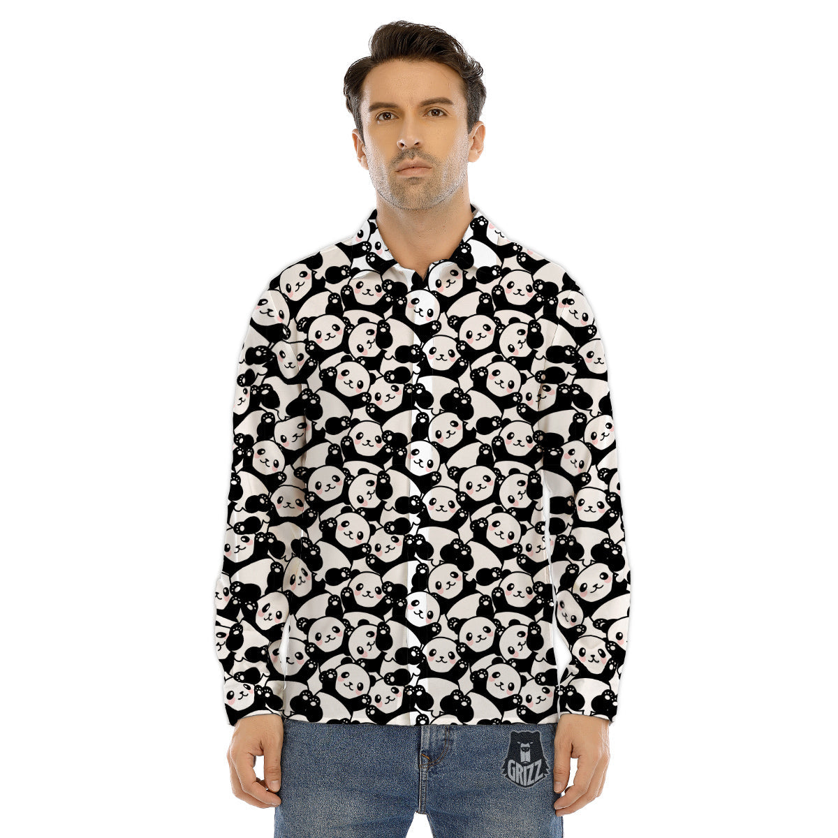 Happy Panda Cute Print Pattern Men's Dress Shirts-grizzshop