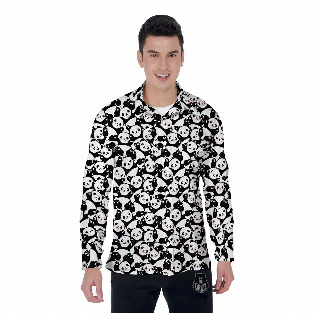Happy Panda Cute Print Pattern Men's Long Sleeve Shirts-grizzshop