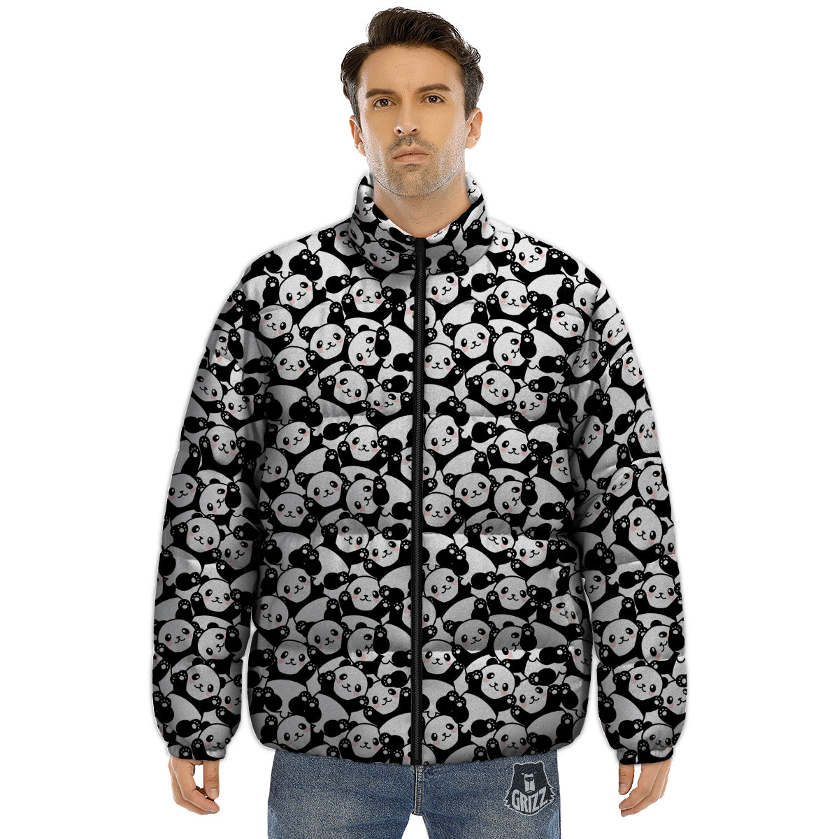 Happy Panda Cute Print Pattern Puffer Jacket-grizzshop