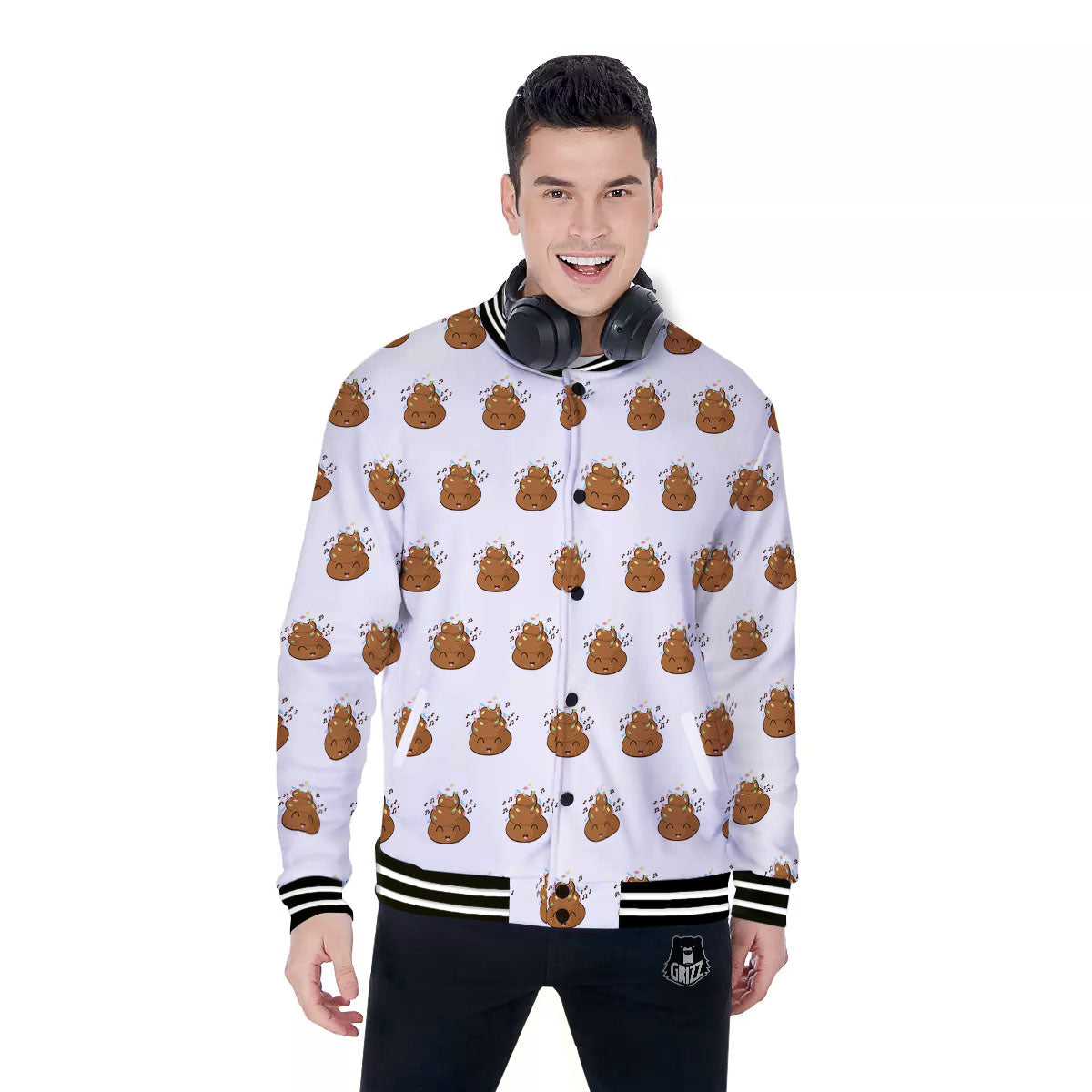 Happy Poop Print Pattern Baseball Jacket-grizzshop