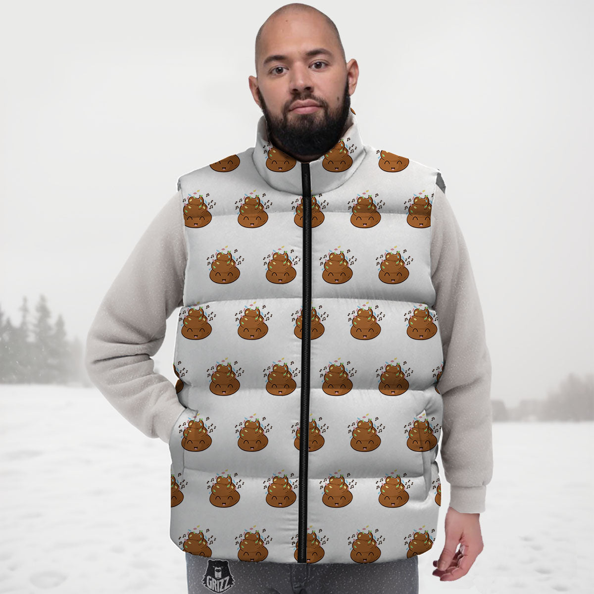Happy Poop Print Pattern Down Vest-grizzshop
