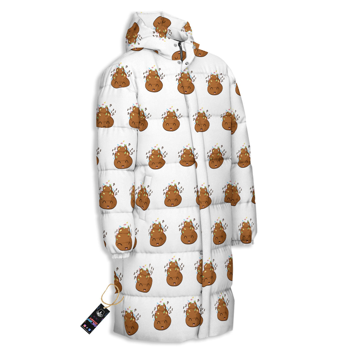 Happy Poop Print Pattern Long Down Jacket-grizzshop
