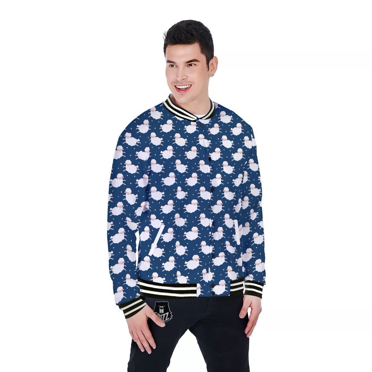 Happy Sheep Print Pattern Baseball Jacket-grizzshop