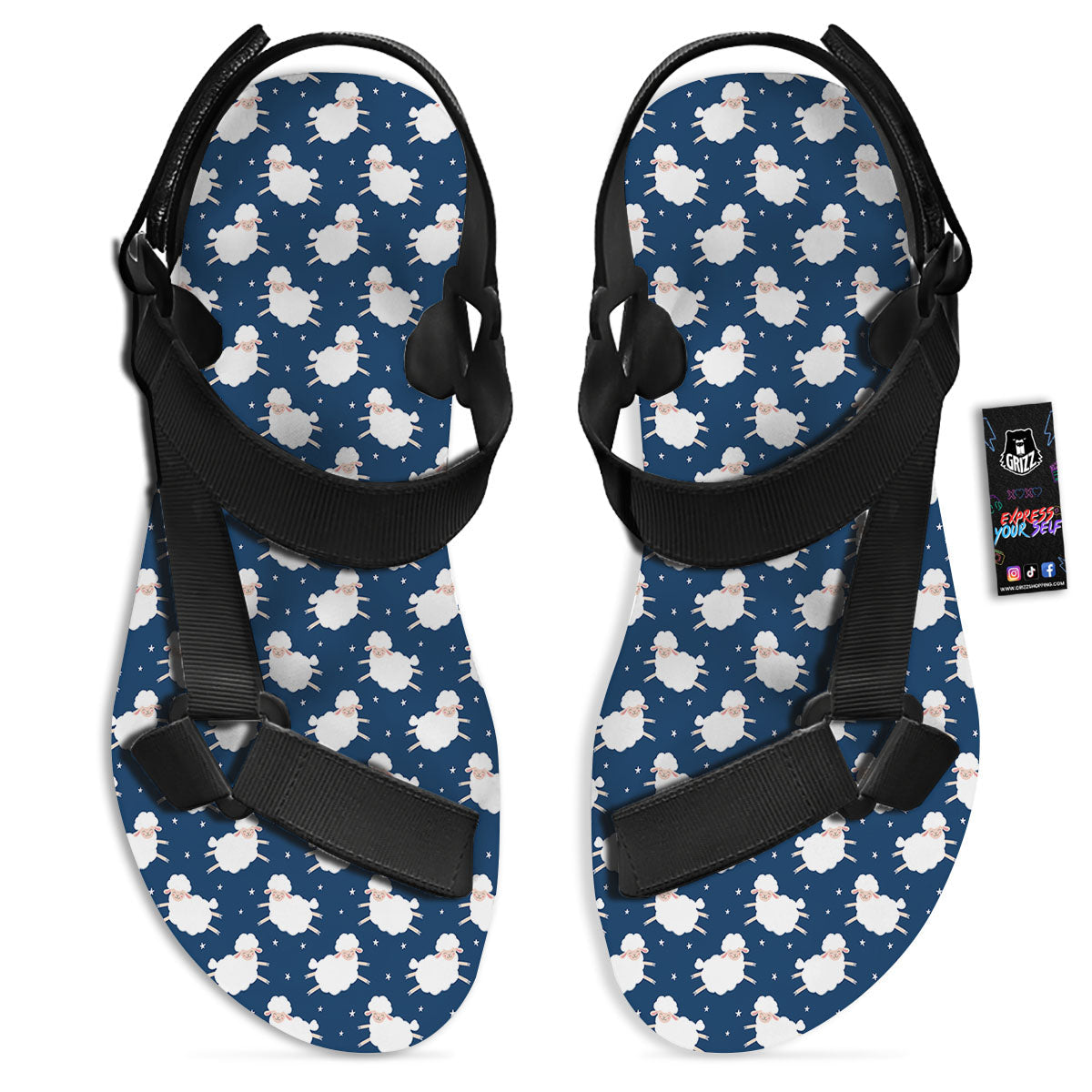 Happy Sheep Print Pattern Black Open Toe Sandals-grizzshop