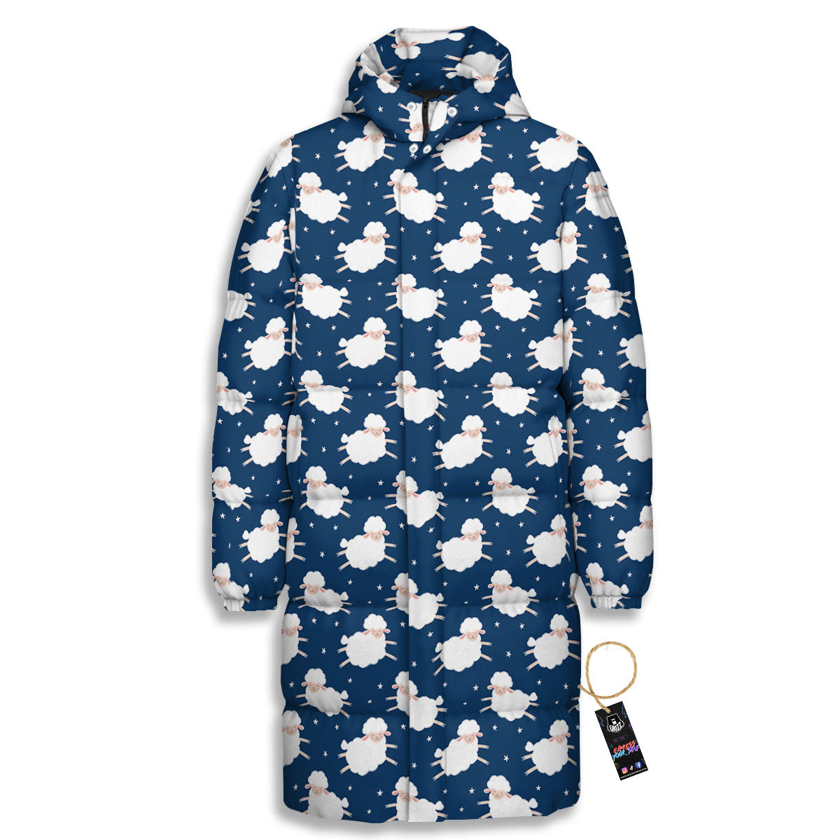 Happy Sheep Print Pattern Long Down Jacket-grizzshop