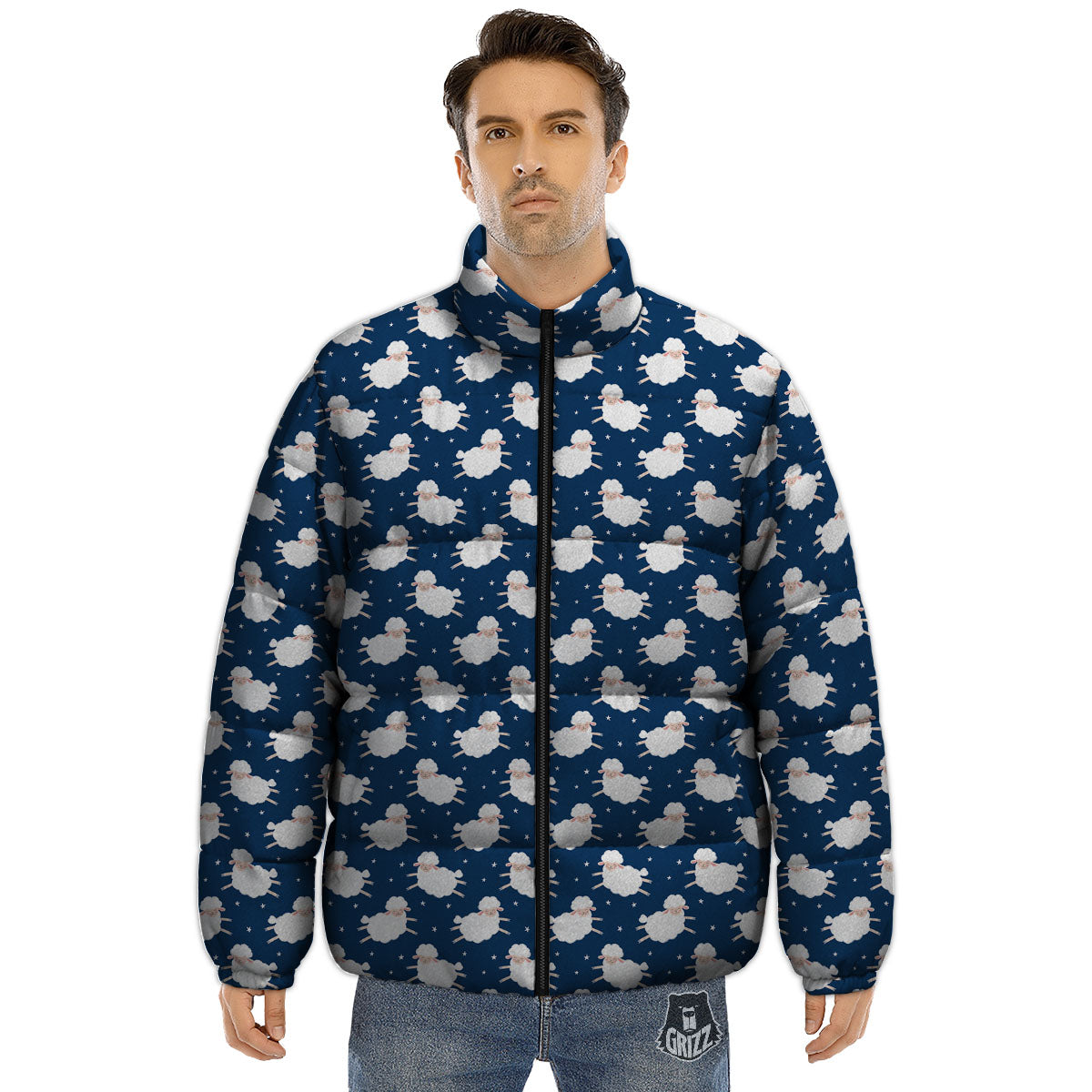 Happy Sheep Print Pattern Puffer Jacket-grizzshop