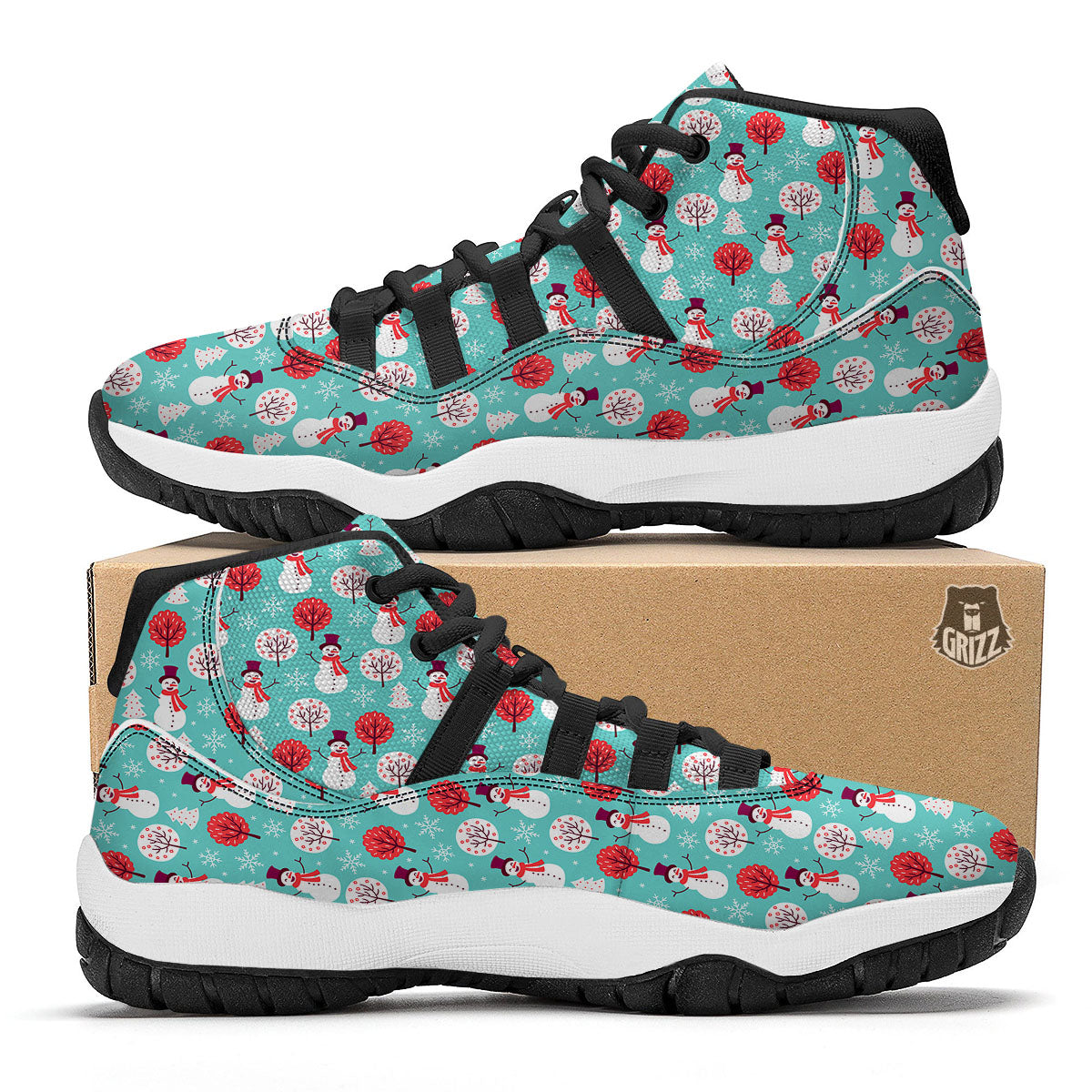 Happy Snowman Print Pattern Black Bball Shoes-grizzshop