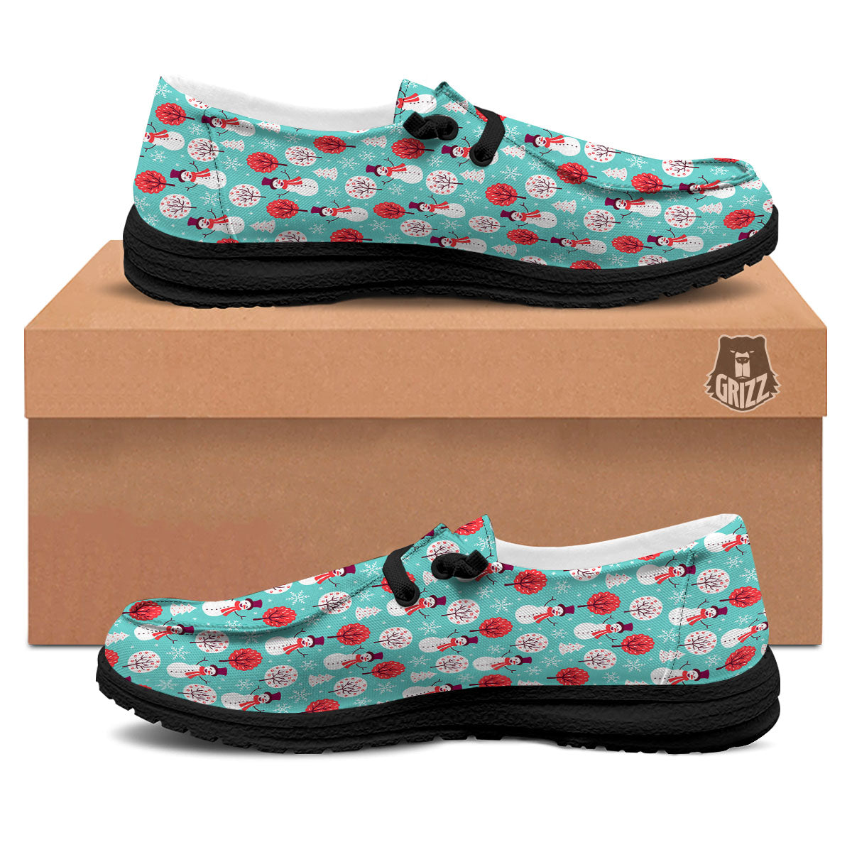 Happy Snowman Print Pattern Black Loafers-grizzshop