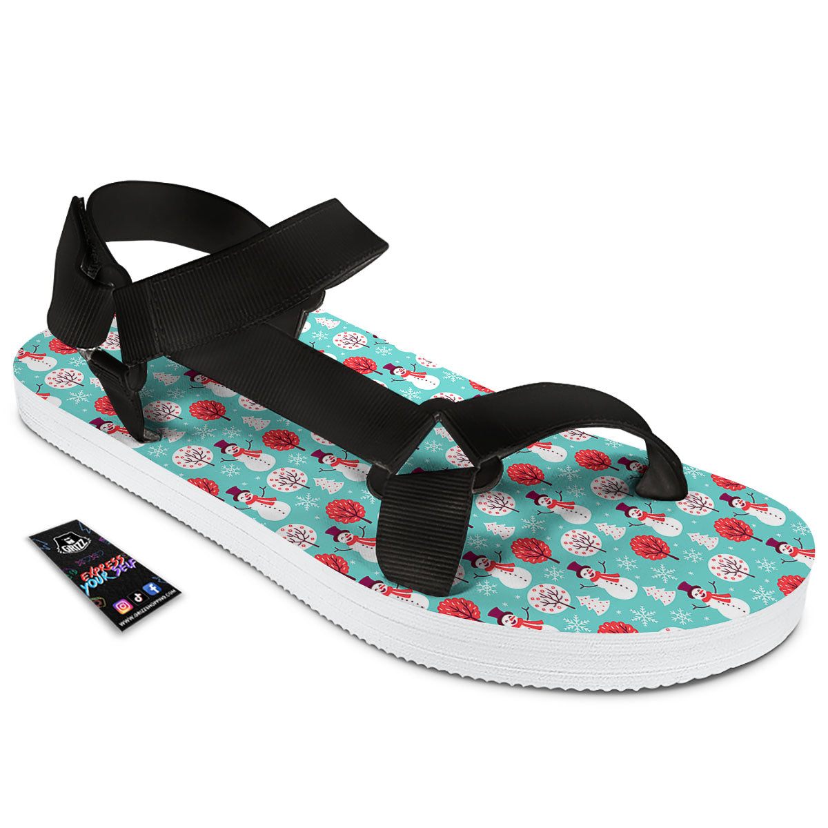 Happy Snowman Print Pattern Black Open Toe Sandals-grizzshop
