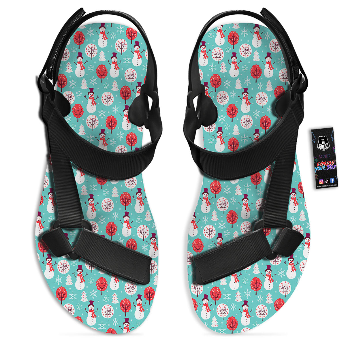Happy Snowman Print Pattern Black Open Toe Sandals-grizzshop