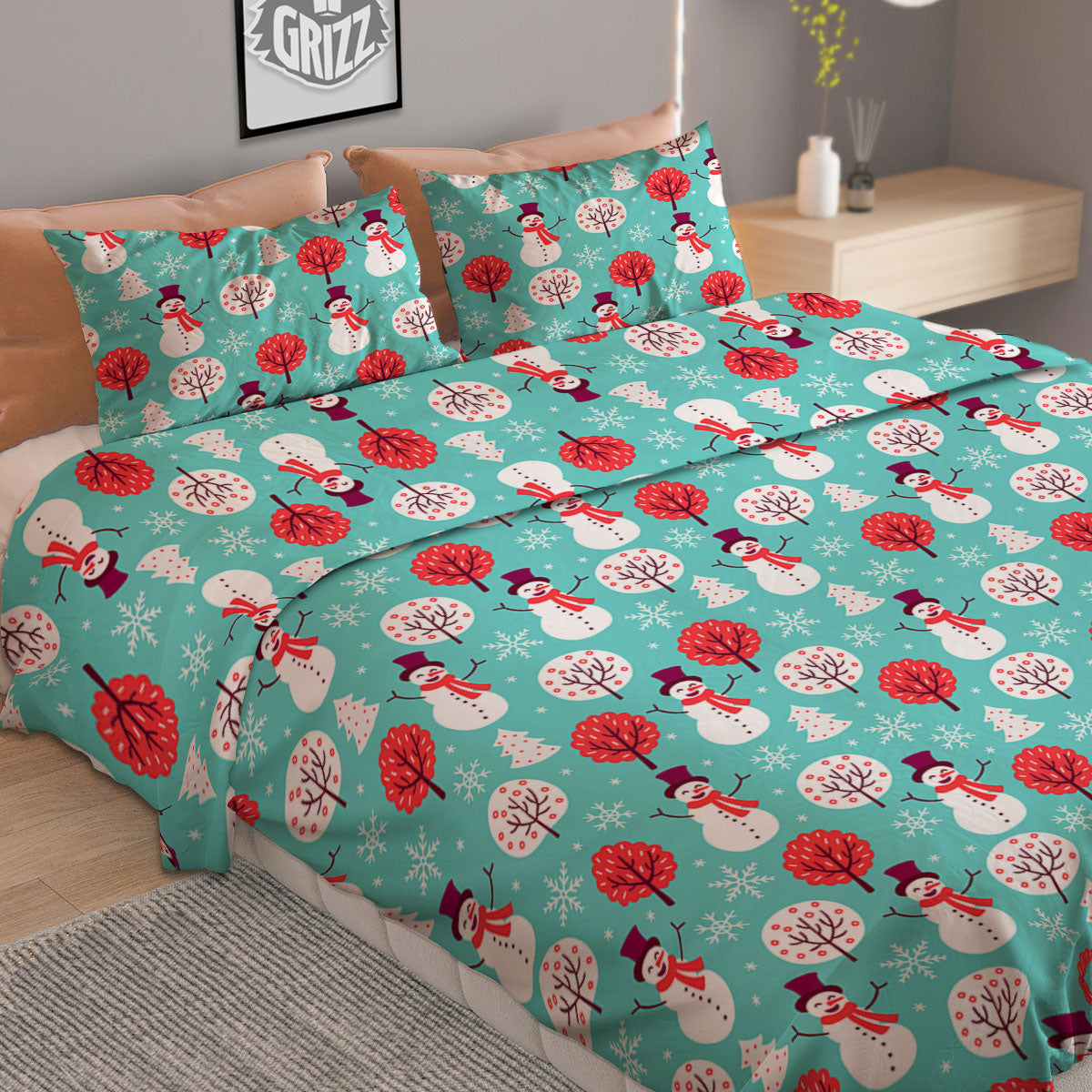 Happy Snowman Print Pattern Duvet Cover Bedding Set