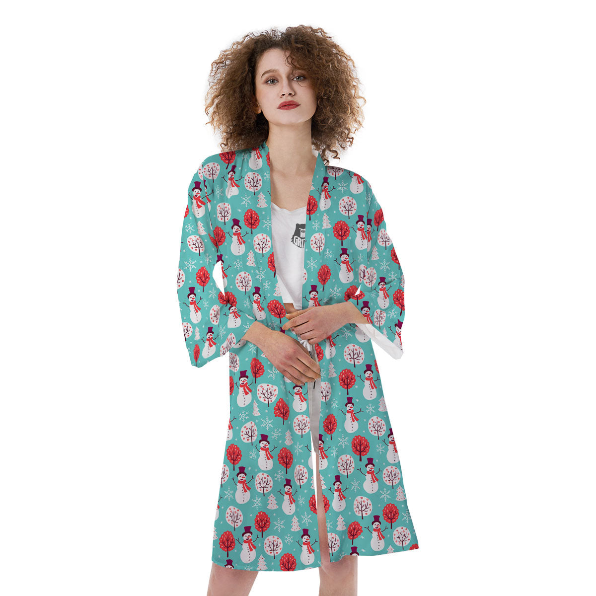 Happy Snowman Print Pattern Kimono-grizzshop