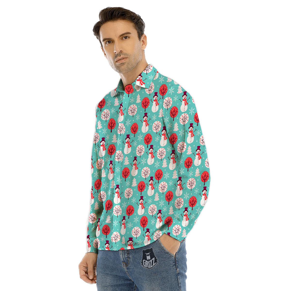 Happy Snowman Print Pattern Men's Dress Shirts-grizzshop